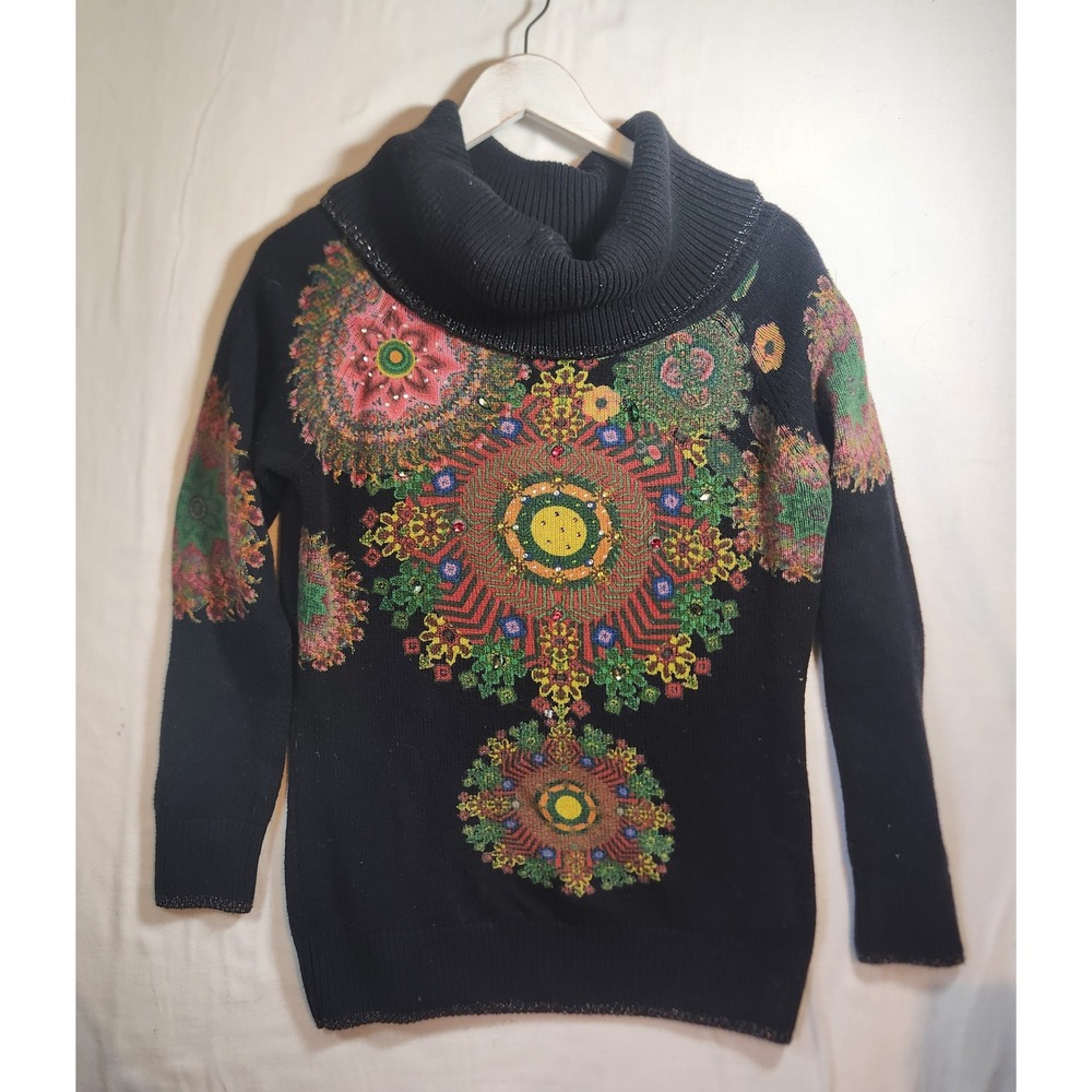 Desigual Black Cowl Neck Mandala Graphic Beaded Knit Sweater XL